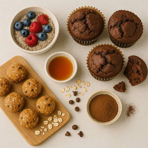 Boules énergie chaga-érable, muffins cacao au chaga et pudding chia au chaga avec petits fruits.