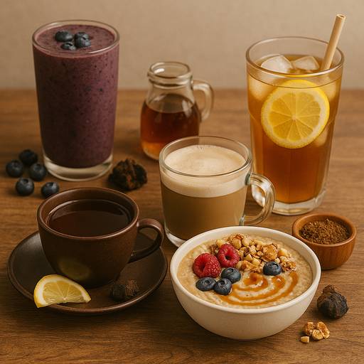 Boissons au chaga préparées à partir d’une décoction : tisane, latte, chaga glacé, smoothie et gruau au chaga du Québec.