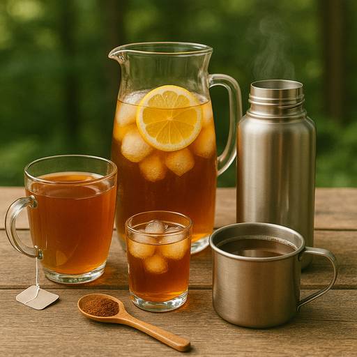 Infusion chaude, thé glacé et thermos de chaga pour le plein air réalisés avec des sachets et granules de chaga.