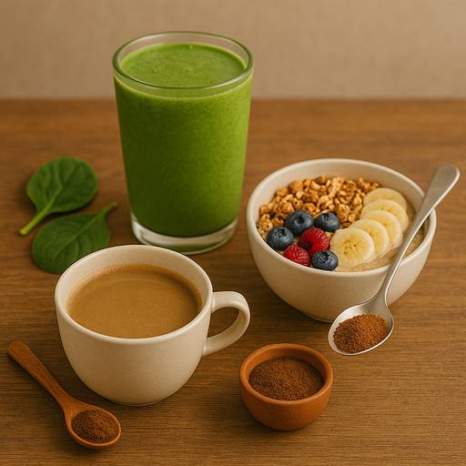 Latte et smoothie verts préparés avec de la poudre de chaga du Québec et un bol déjeuner yogourt-chaga.